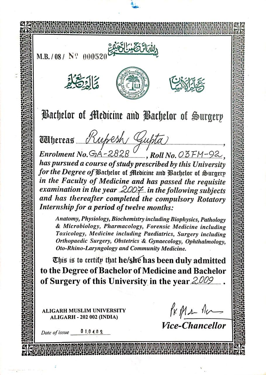 Dr. Rupesh Gupta M.Ch. Urology Certificate