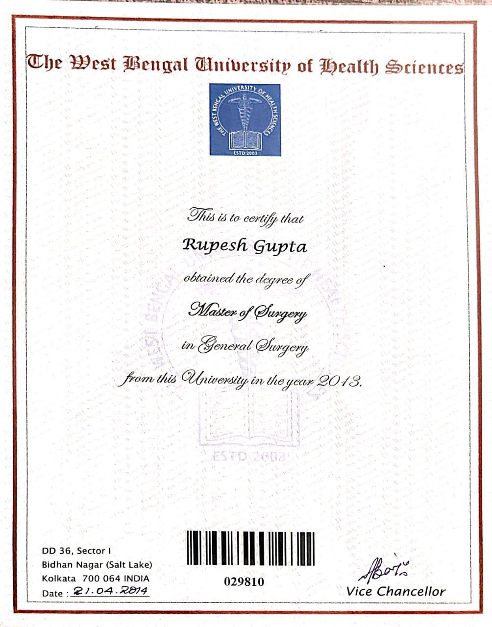 Dr. Rupesh Gupta MS General Surgery Certificate